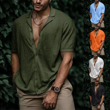 Wholesale Men's Summer Casual Cardigan Solid Color Short Sleeve Shirt
