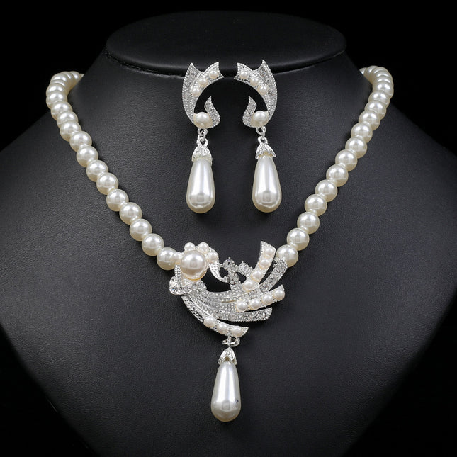 Conjunto de pendientes de collar de perlas Conjunto de dos piezas eléctrico de aleación de moda nupcial
