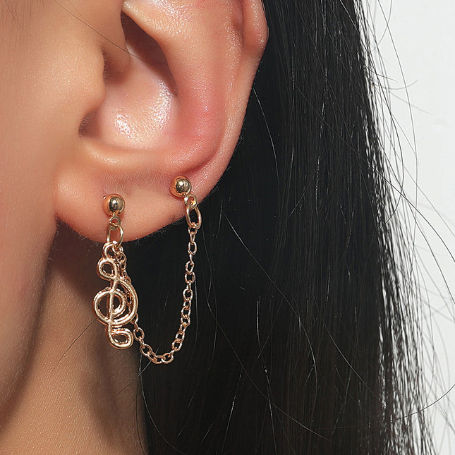 Long Chain Musical Note Ear Clip Metal Symbol Single Stud Earrings