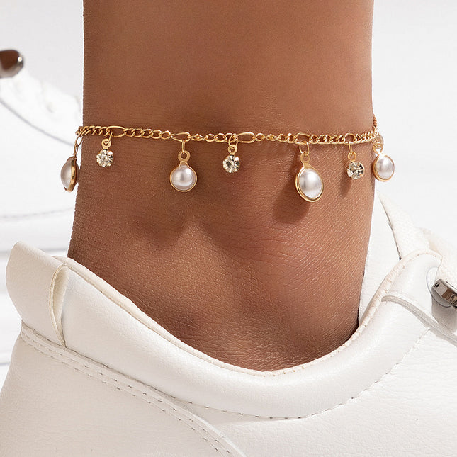 Pearl Inlay Pendant Single Layer Anklet Geometric Rhinestone Chain Anklet