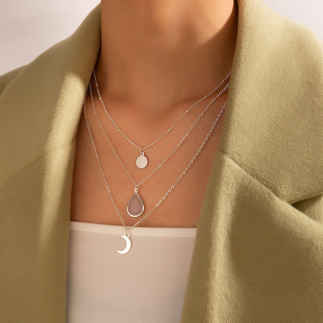 Wholesale Moon Disc Imitation Jade Inlaid Triple Layer Necklace