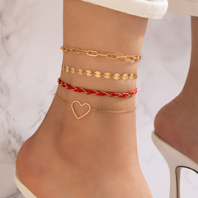Geometric Chain Disc Inlaid Cord Braided Heart Anklet