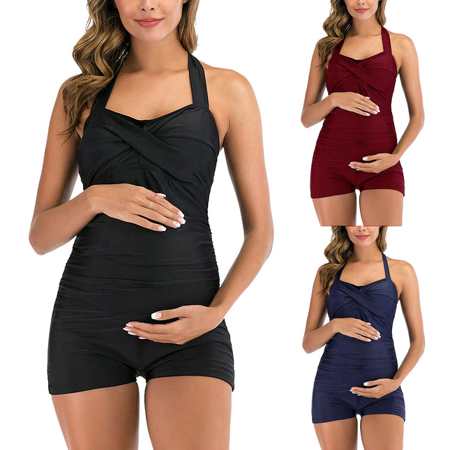 Wholesale Maternity Solid Color Pleated Push Up One-Piece Swimsuit
