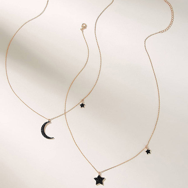 Rhinestone Star Moon Geometric Crescent Double Layer Necklace