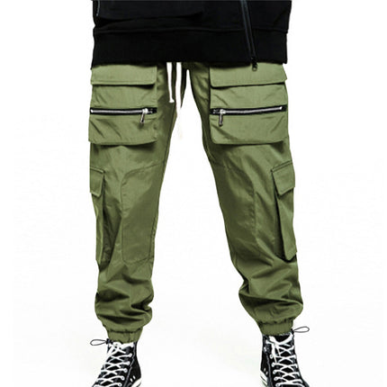Pantalones cargo multibolsillos de cintura alta con cordón de gran tamaño para hombre