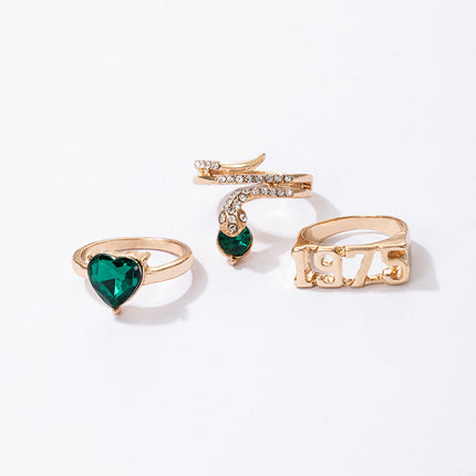 Wholesale Simulated Emerald Rhinestone Heart Trio Ring Set