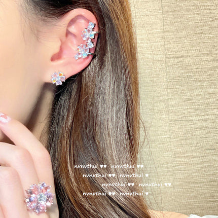 Pink Flower Necklace 18K Gold Plated Zircon Ear Clip Earrings