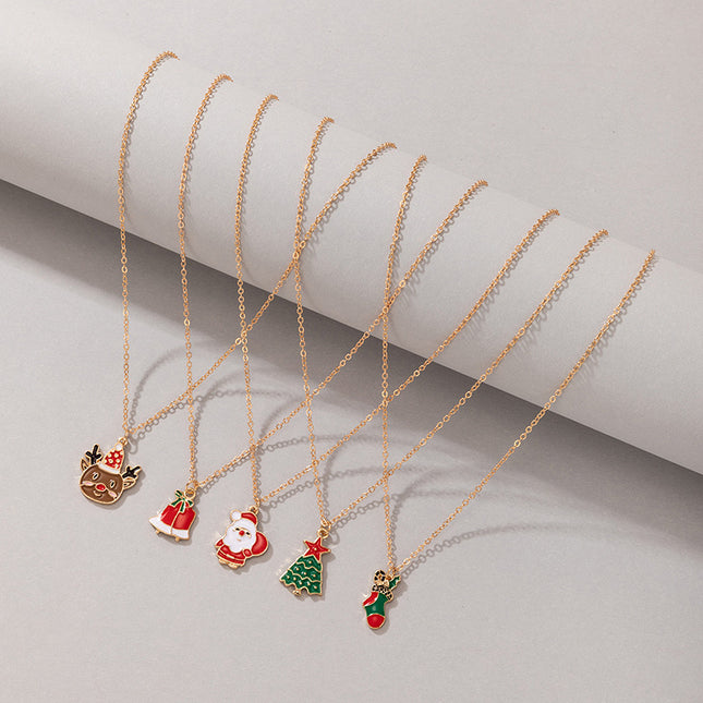Conjunto de collar de campana de árbol de Navidad lindo de dibujos animados de elemento de alce de Santa de color de aceite de goteo
