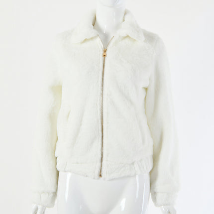 Wholesale Women's Solid Color Lapel Faux Cashmere Long Sleeve Zipper Jacket
