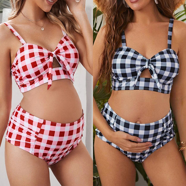 Traje de baño de dos piezas de playa sexy de cintura alta a cuadros de maternidad