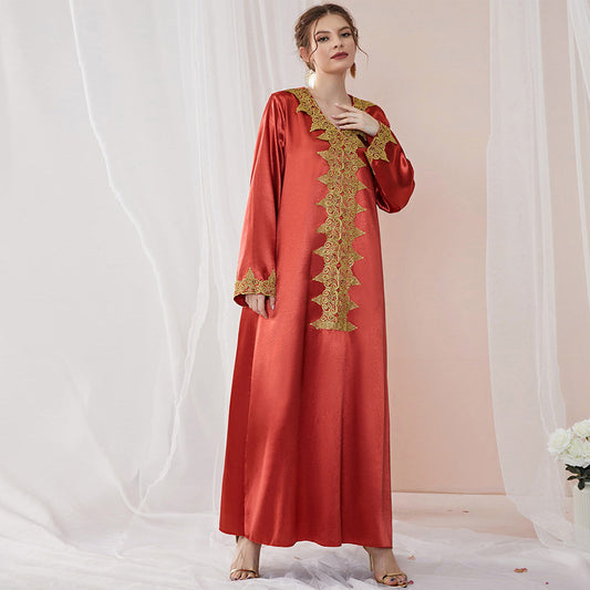 Wholesale Arab Middle East Muslim Women's Autumn Winter Lace Solid Color Robe
