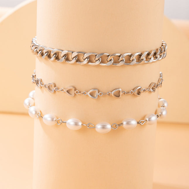 Pearl Chain Geometric Heart Cut Three Layer Anklet