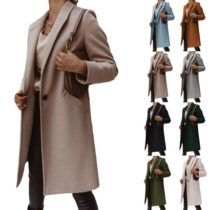 Wholesale Ladies Fall Winter Solid Color Lapel Mid Long Wool Coat
