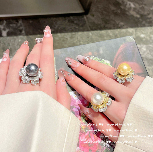 Fashion Rose18K Gold Plated Shell Pearl Zircon Ring