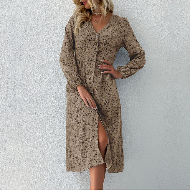 Wholesale Women's Fall Long Sleeve Leopard Print V-Neck Cardigan Dress