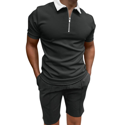 Wholesale Men's Casual Short Sleeve Printed Zipper Lapel Polo Shirt Shorts Two Piece Set
