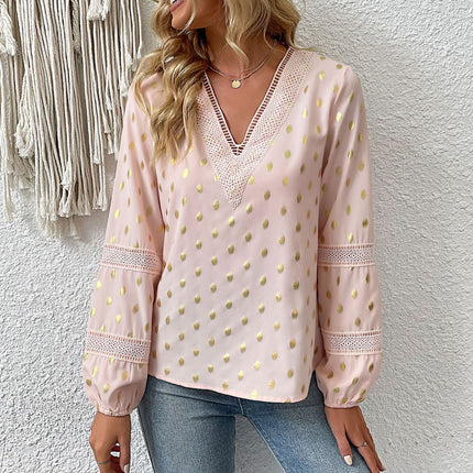Wholesale Women's Bronzing Polka Dot Lace Long Sleeve V-Neck Shirt