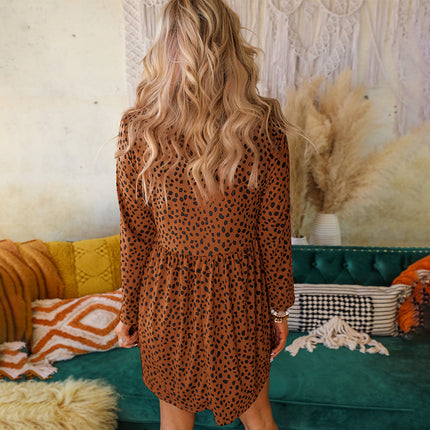Wholesale Women's High Waist Leopard Print Long Sleeve Round Neck Mini Dress