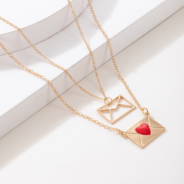 Red Love Drop Oil Letter Blocking Bone Chain Set Geometric Peach Heart Two-layer Necklace