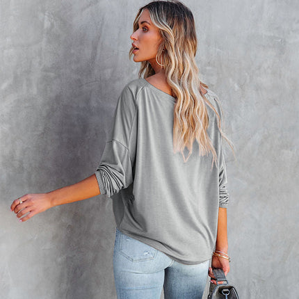 Women's Long Sleeve Off Shoulder Round Neck Pullover T-Shirt