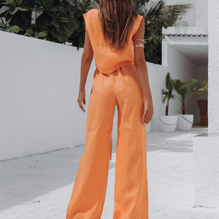 Wholesale Women's Casual Fashion Cotton Trousers Vest Two-piece Set