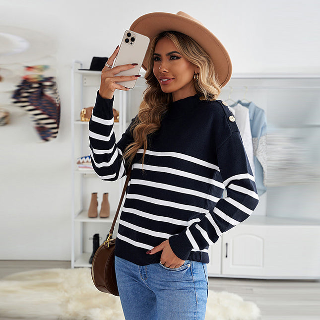 Wholesale Women's Turtleneck Striped Slim Fit Pullover Sweater