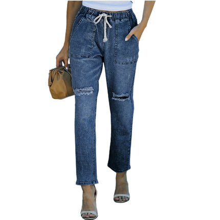 Wholesale Women's Straight-leg Ripped Jeans with Straight Elastic Waist Pockets