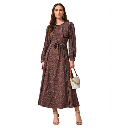 Wholesale Muslim Ladies Round Neck Long Sleeve Floral Maxi Dress