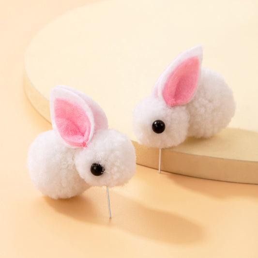 Cute Cartoon Earrings White Plush Rabbit Stud Earrings Animal Zodiac Earrings
