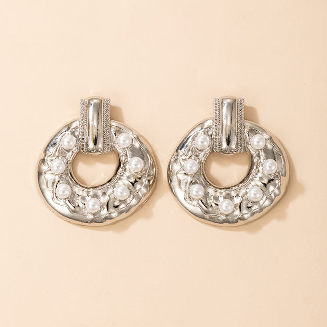 Silver Round Pearl Earrings Geometric Irregular Stud Earrings