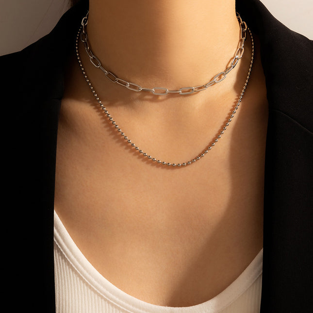 Collar de doble capa de cadena con cuentas de plata geométrica de moda al por mayor