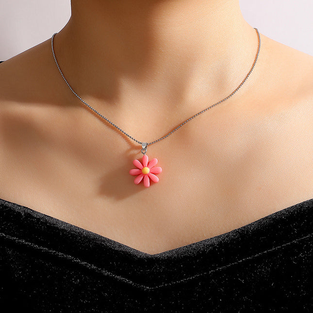 Wholesale Geometric Floral Pink Resin Flowers Single Layer Necklace