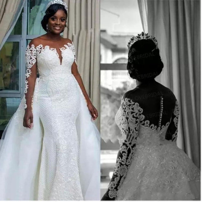 Wholesale Bride Mid-Length Mid-Waist Long-Sleeve White Lace Wedding Dress