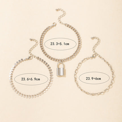 Wholesale Alloy Silver Lock Chain Anklets Three Pieces