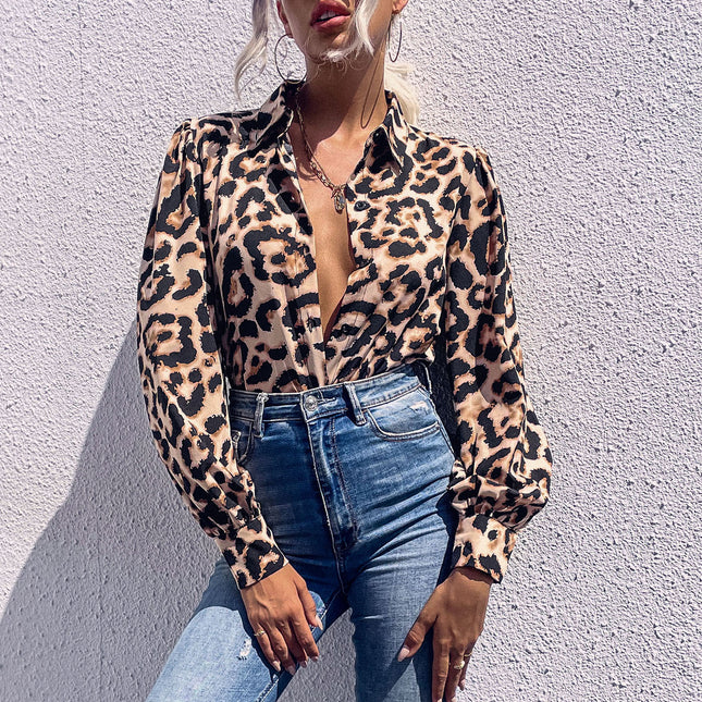 Damen Herbst Langarm Revers Leopard Shirt