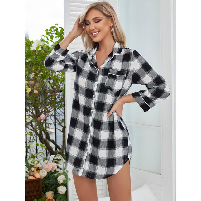 Wholesale Ladies Nightdress Spring Plaid Long Sleeve Cardigan Pajamas