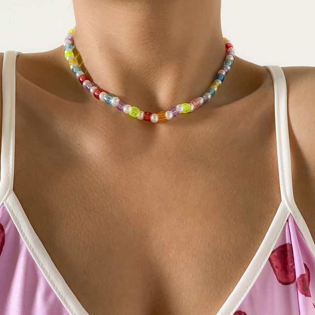 Collar de cuentas de perlas simples de cuentas redondas coloridas