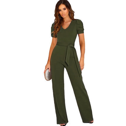 Wholesale Women's Solid Color Casual V Neck Short Sleeve Flared Jumpsuit