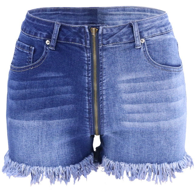 Wholesale Women's Washed Long Zipper Slim High Waist Street Denim Shorts