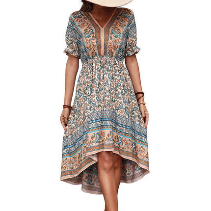 Wholesale Women's Summer Ethnic Print Irregular Holiday Bohemian Dress