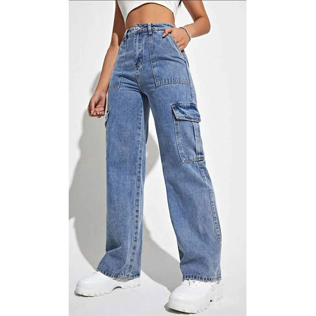 Gewaschene Cargo-Jeans mit hoher Taille und mehreren Taschen für Damen