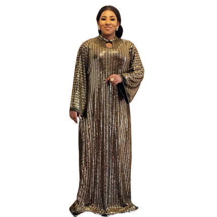 Wholesale African Ladies Swing Gold Sequins Robe Stretch Dress