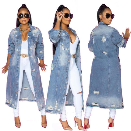 Wholesale Ladies Washed Blue Ripped Slim Trench Denim Coat