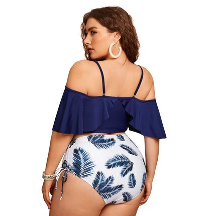 Wholesale Women's Drawstring Off-shoulder Ruffle Large Size Split Swimsuit