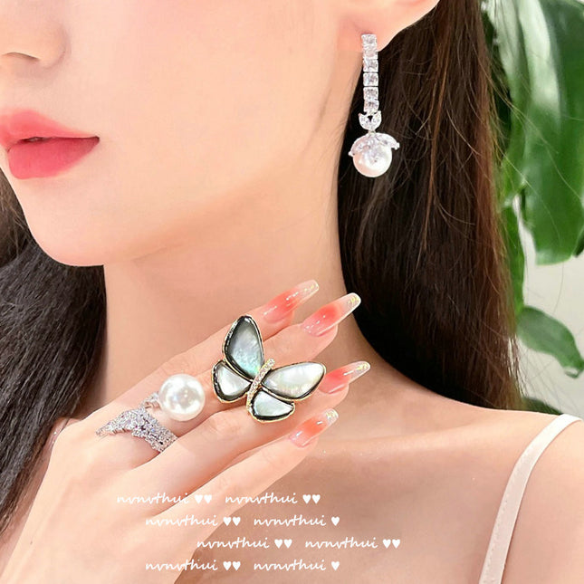 Perle Ring Muschel Perle Blume Zirkon Ohrring Schmetterling Brosche