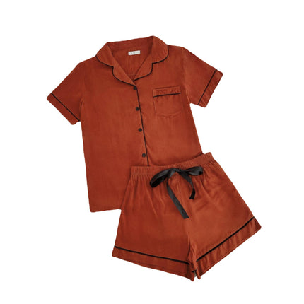 Einfarbiges Kurzarm-Revers-Cardigan-Shorts-Pyjama-Set